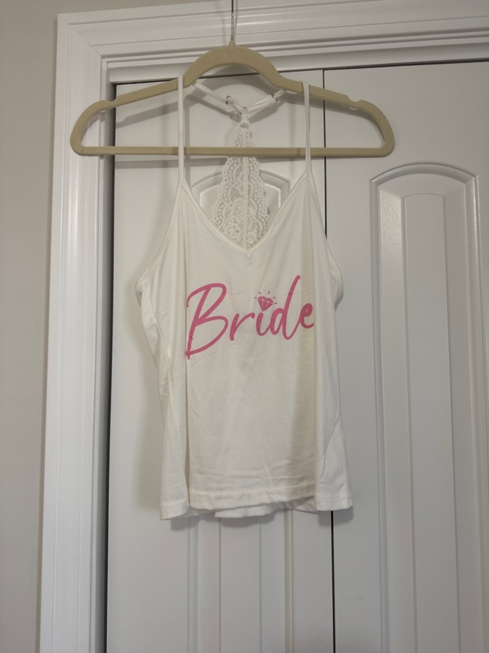 White 'Bride' Lace-Back Cami with Pink Script